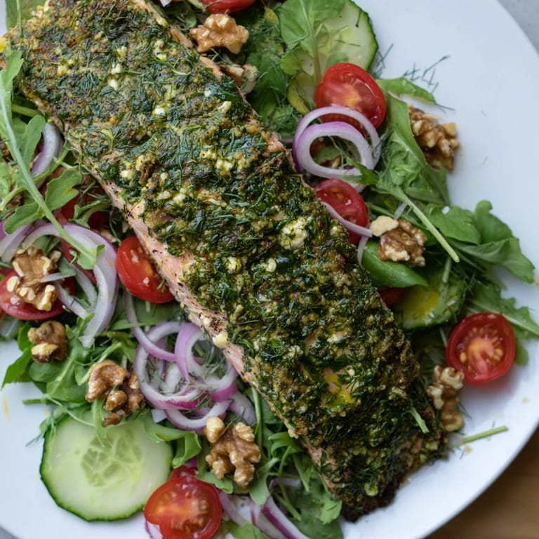 Perfectly baked herb-crusted salmon salad, a flavorful pescatarian dish, drizzled with vinaigrette.
