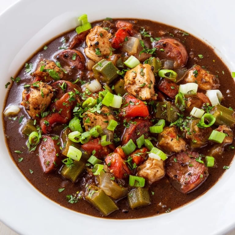 Enjoy a comforting bowl of Gumbo Okra Soup, a Louisiana specialty featuring smoky sausage.