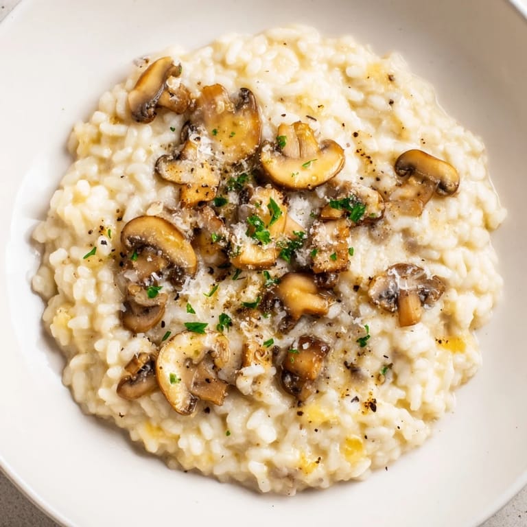 Golden-hued bowl of mushroom risotto, a comforting Italian vegetarian main course.