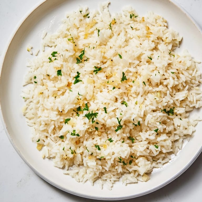 Fluffy, golden garlic butter rice garnished with parsley, the perfect, easy side dish for any meal.