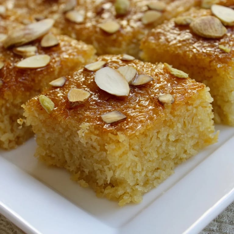 A close-up of moist, golden-brown Basbousa, showcasing its rich coconut flavor.