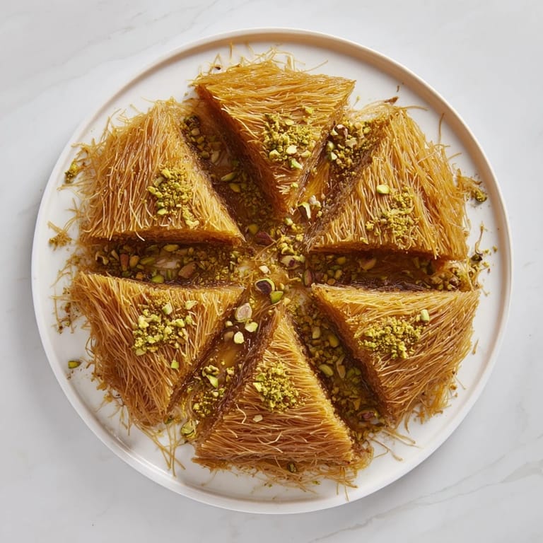 A close-up of a freshly baked Egyptian Konafa, showcasing layers of crispy kataifi pastry and nuts.