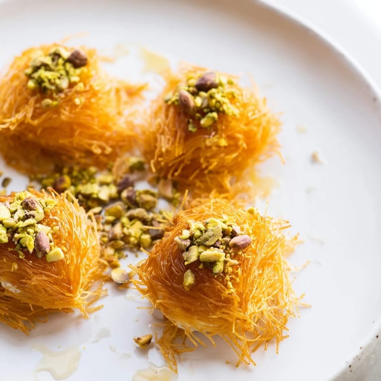 A close-up of the delightful Lebanese Knafeh shows a perfect medley of textures and flavors.