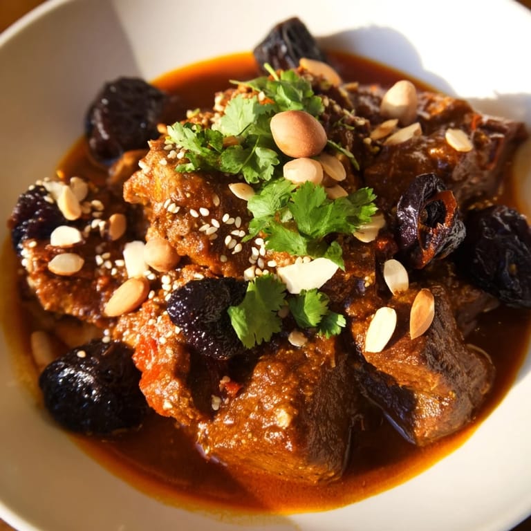 This delicious Moroccan lamb tagine showcases tender lamb, sweet prunes, and toasted almonds on a bed of rice.