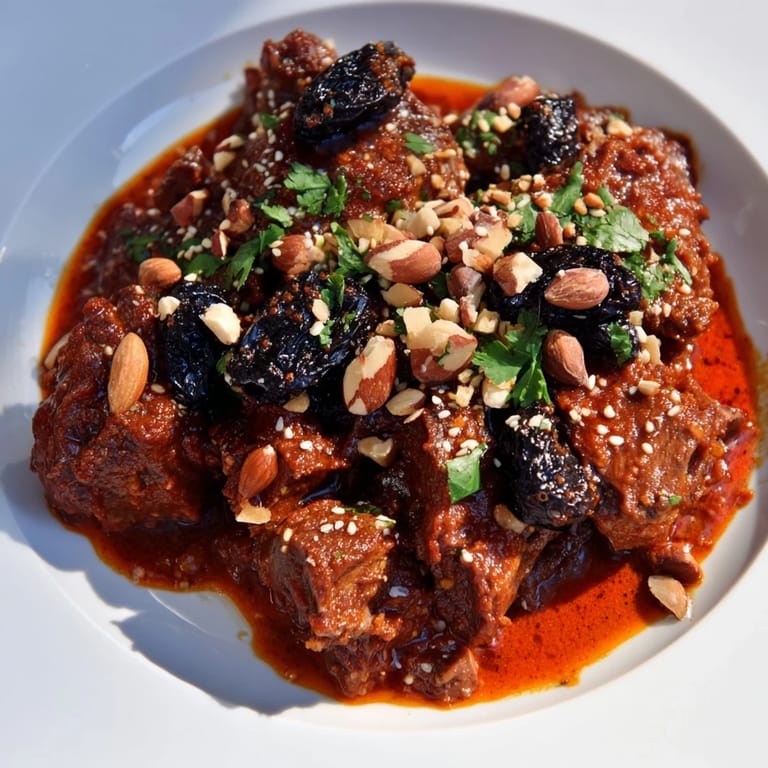 A steaming bowl of Moroccan lamb tagine with prunes, almonds, and fragrant herbs, ready to serve. 