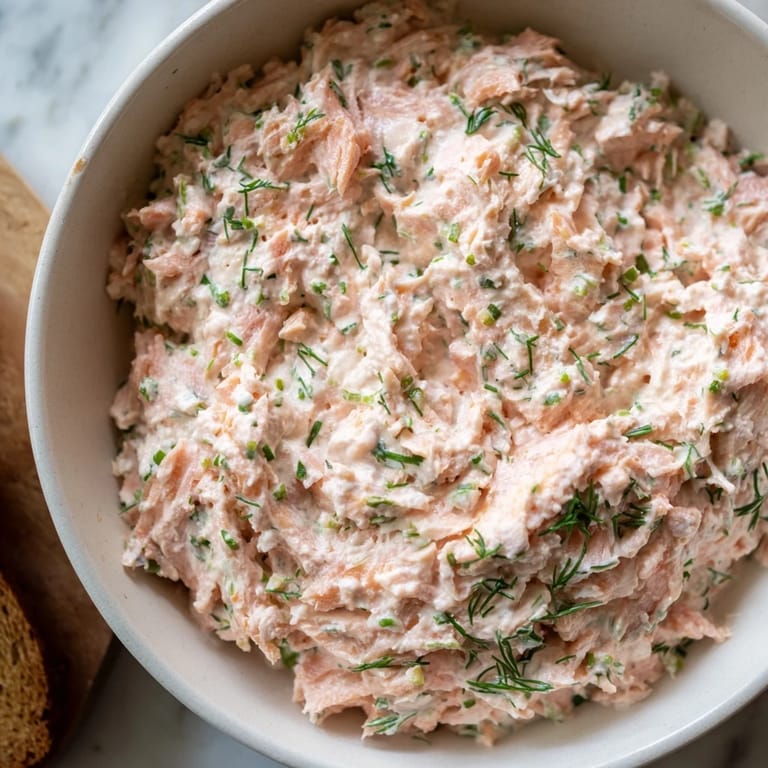 Chilled smoked salmon dip in a white serving bowl, surrounded by cucumber slices and rye crackers for a gluten-free party snack.