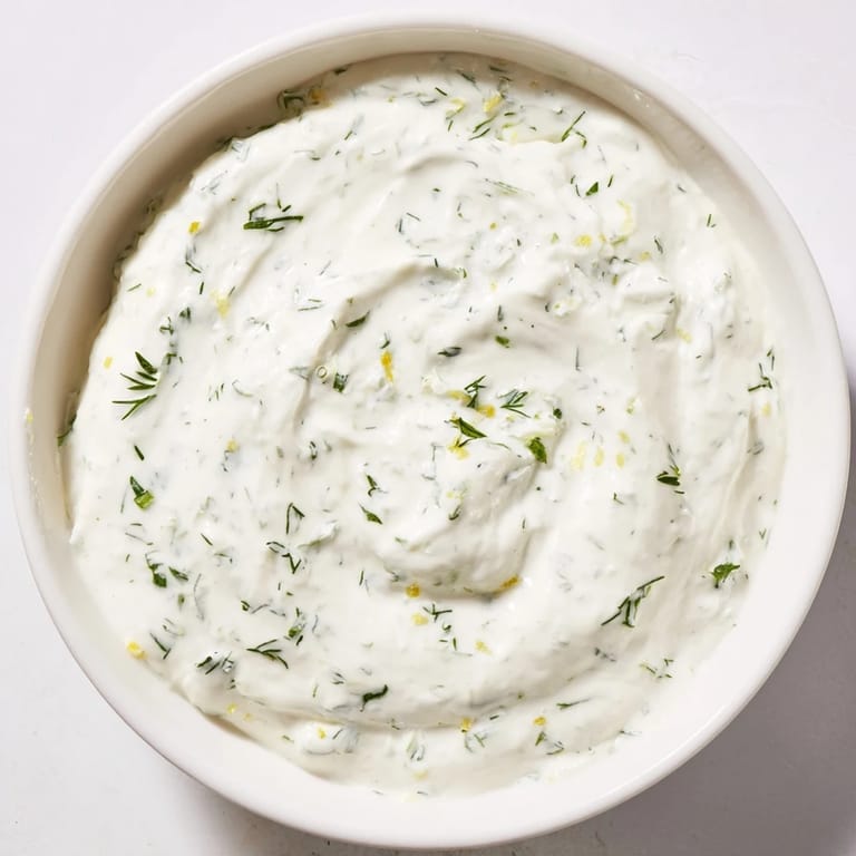 A bowl of tangy Greek Yogurt Herb Dip, garnished with lemon zest, perfect for spreading on sandwiches or dipping veggies.  