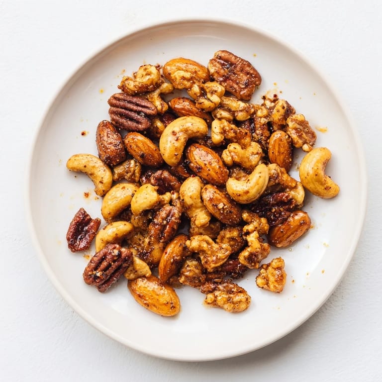 Spiced nuts mix roasted to perfection, served warm in a rustic dish, perfect for snacking or adding to a cheese board.  