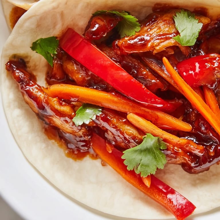 Savory Honey Sriracha Chicken Wrap cut in half, revealing layers of tender meat, julienned carrots, and fresh cilantro on a wooden board.