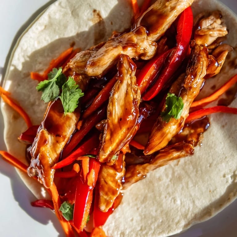 Close-up of a Honey Sriracha Chicken Wrap, highlighting the glossy, sweet-spicy glaze and crunchy vegetable fillings wrapped in a warm tortilla.