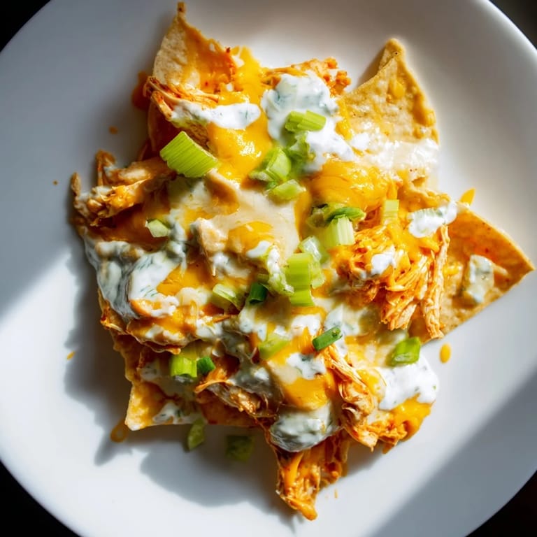 A close-up of hot Buffalo Chicken Nachos, bubbling cheese and buffalo sauce mingling with cool ranch dressing on a festive platter.