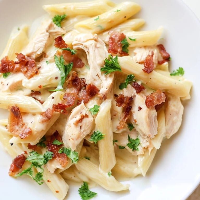 A close-up of Creamy Chicken Bacon Penne, garnished with fresh parsley and served hot in a white pasta bowl.