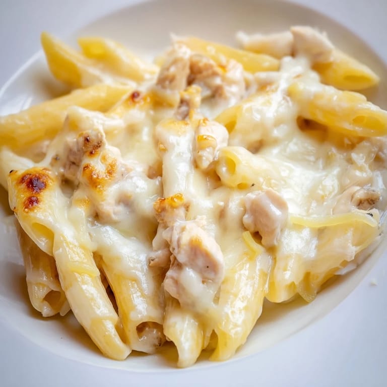 Homemade Chicken Alfredo Casserole served steaming hot, ideal for a cozy Italian-American meal.