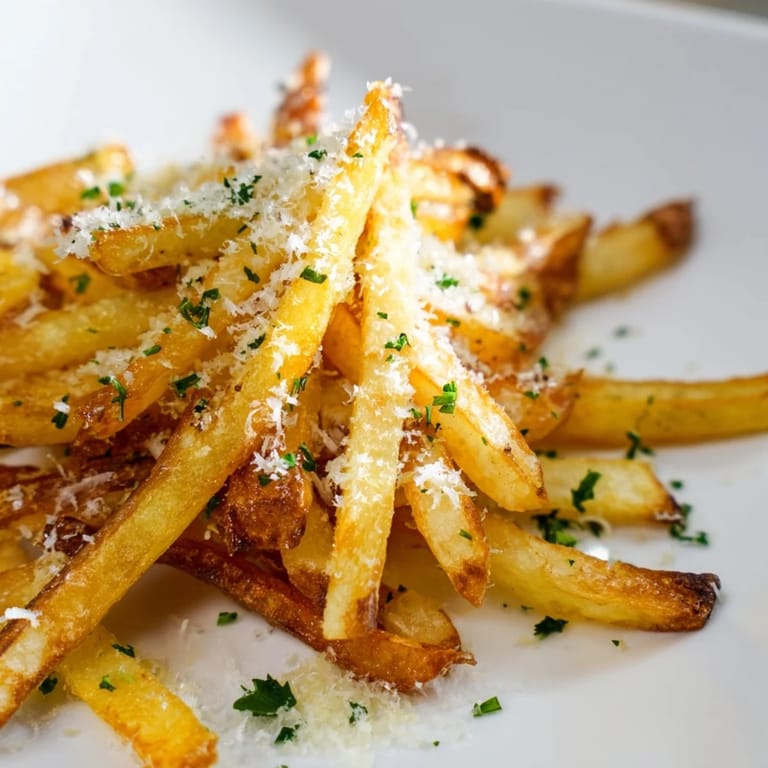 Crispy baked Truffle Parmesan Fries served warm in a rustic bowl, ready for dipping into garlic aioli.