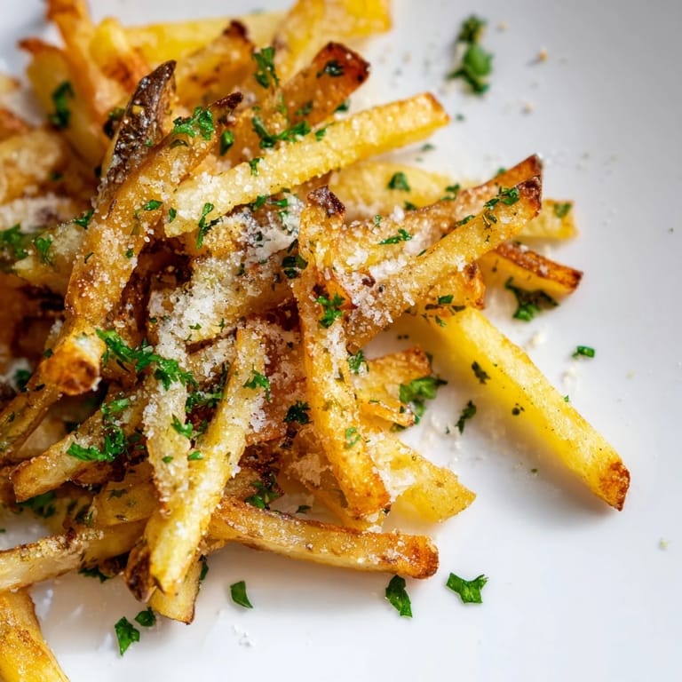 A close-up of golden Truffle Parmesan Fries with glistening truffle oil and fresh herbs on a wooden board.