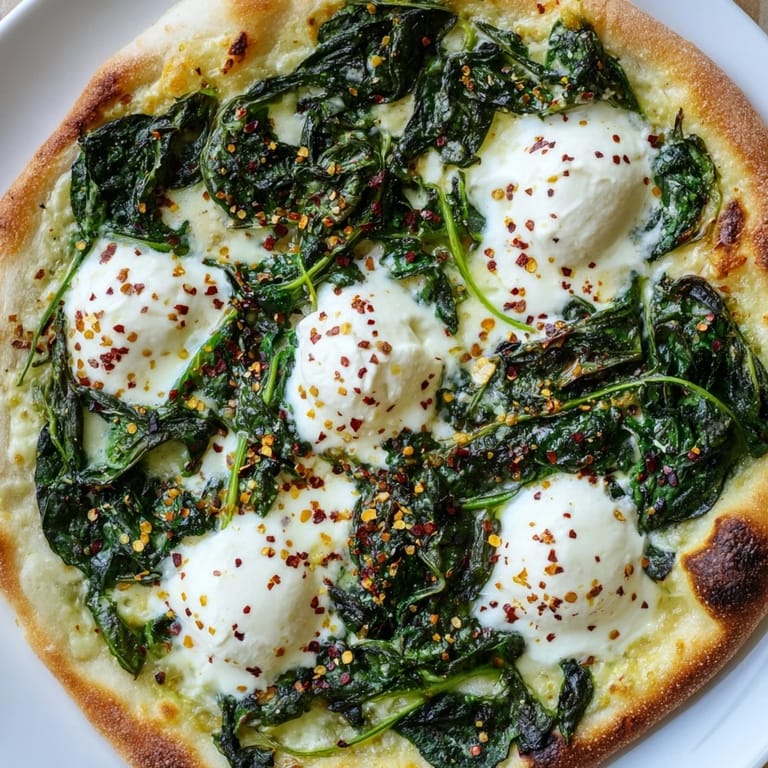 Golden Spinach Ricotta Pizza slices rest on a wooden board, highlighting melted mozzarella, fragrant garlic butter, and vibrant green spinach.  
