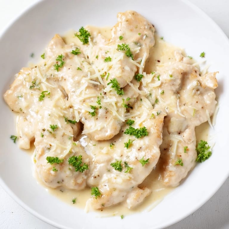 Close-up of Creamy Garlic Chicken Bites coated in velvety sauce, garnished with chopped parsley and red pepper flakes.