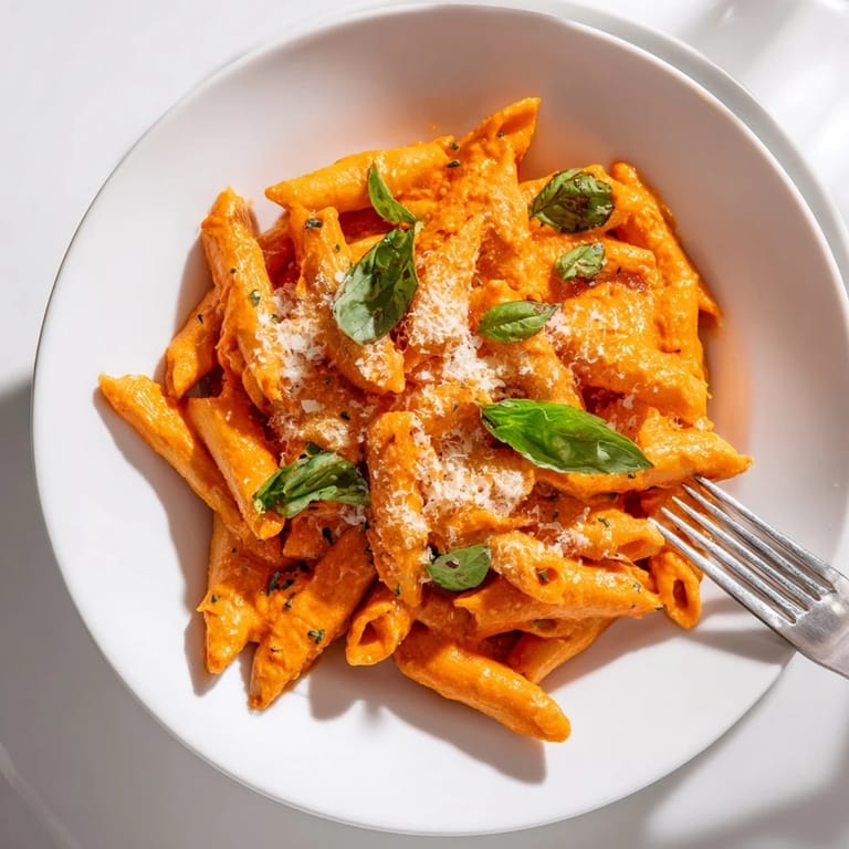 Plated Roasted Red Pepper Pasta beside a glass of white wine, perfect for a cozy vegetarian dinner.