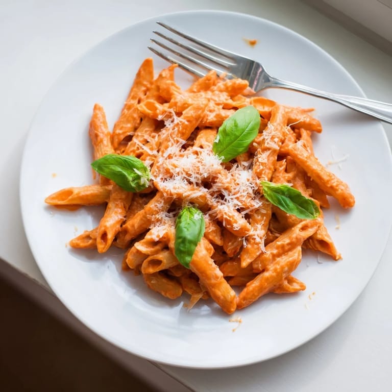 Steaming Roasted Red Pepper Pasta twirled on a fork, showcasing its vibrant orange color and smooth texture.