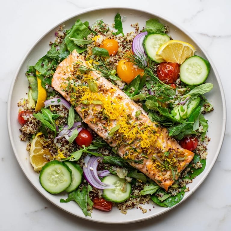 A close-up of Lemon Herb Salmon Salad shows juicy cherry tomatoes, cucumber slices, and flaky salmon atop a colorful, herb-filled grain base.