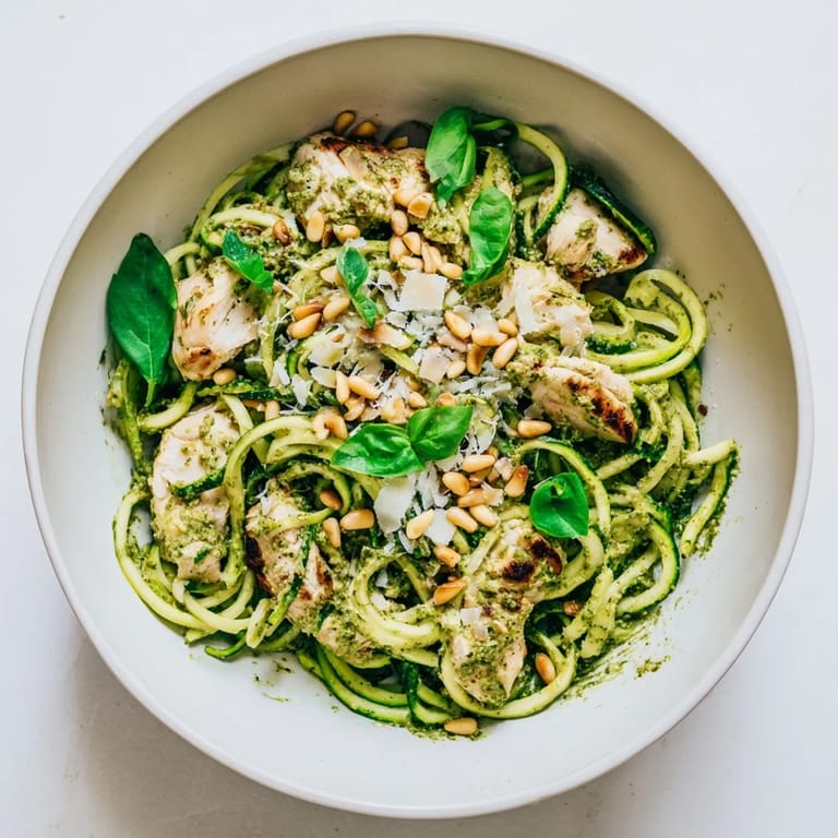 Spiralized zucchini noodles tossed with tender chicken and aromatic basil pesto create a light, summery main dish.  