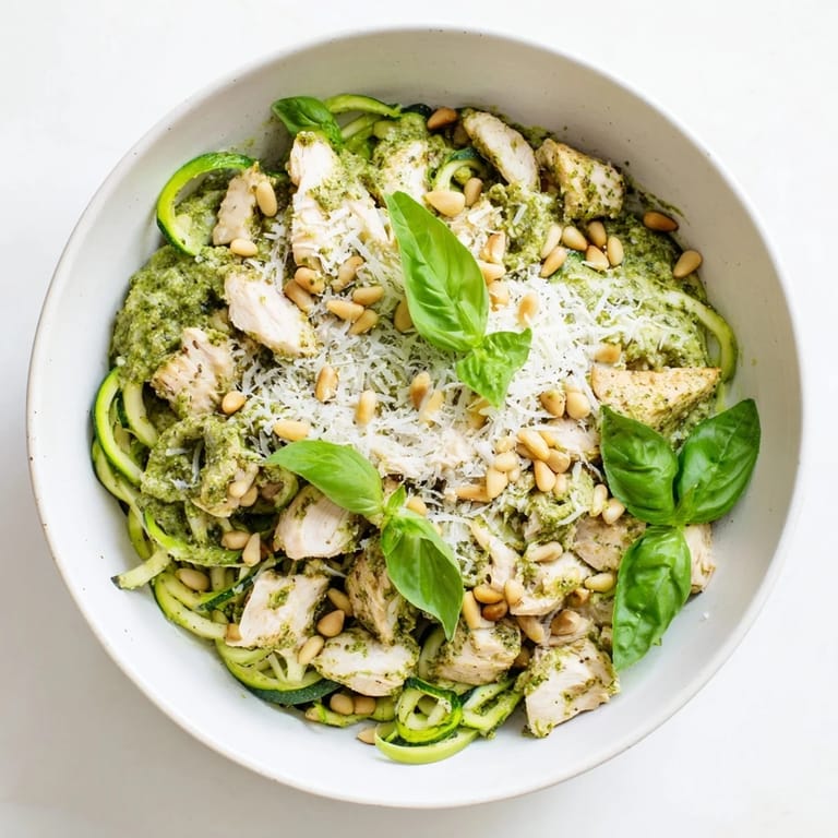 A close-up of a colorful bowl featuring chicken, pesto-coated zucchini noodles, and a sprinkle of Parmesan cheese.