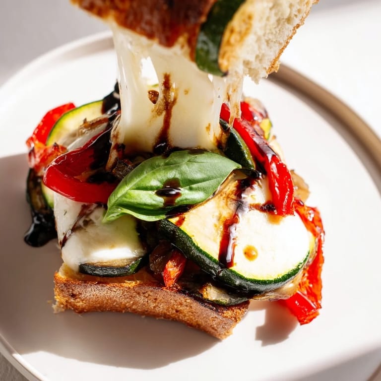 A close-up view shows melted mozzarella oozing from the golden-brown bread of a Roasted Veggie Caprese Grilled Cheese sandwich.