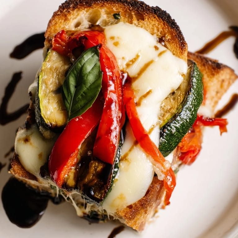 Fresh basil and tomato slices peek out of a toasted Roasted Veggie Caprese Grilled Cheese, ready to be enjoyed.