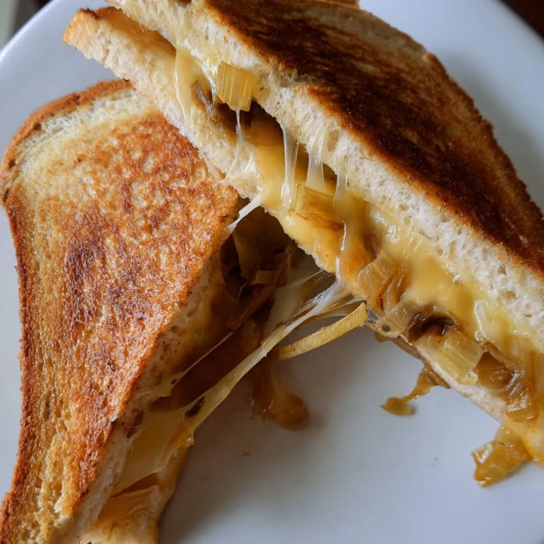 A comforting Havarti & Caramelized Leek Grilled Cheese rests beside a cup of tomato soup, ready for a cozy lunch.