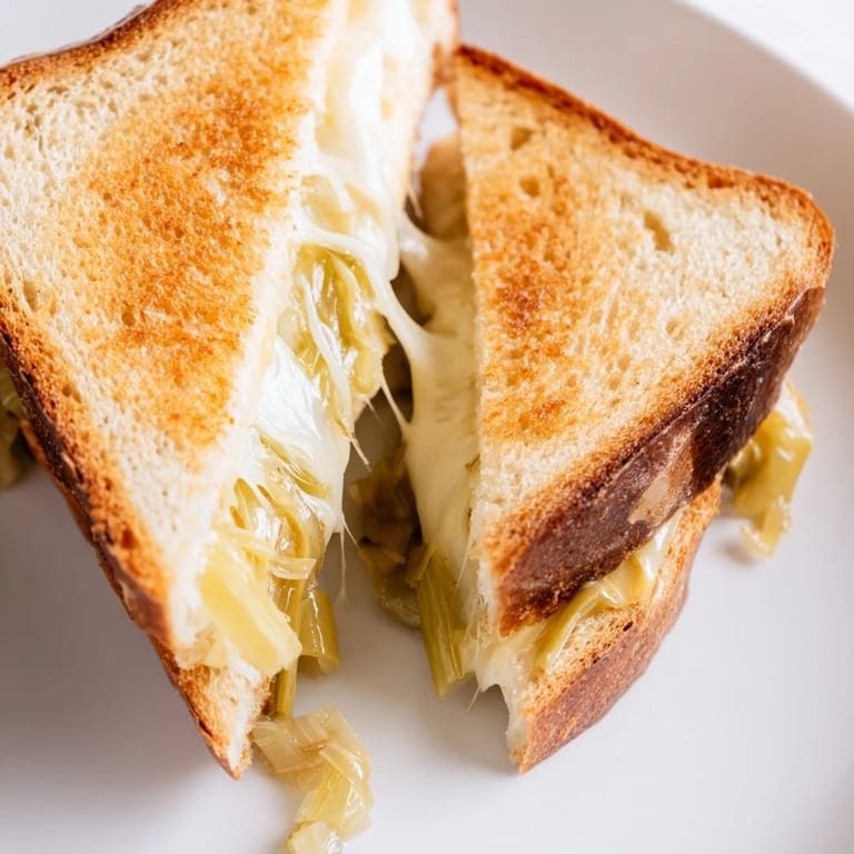 A close-up view of a perfectly grilled Havarti & Caramelized Leek Grilled Cheese, cut diagonally to reveal sweet, soft leeks and creamy cheese.  