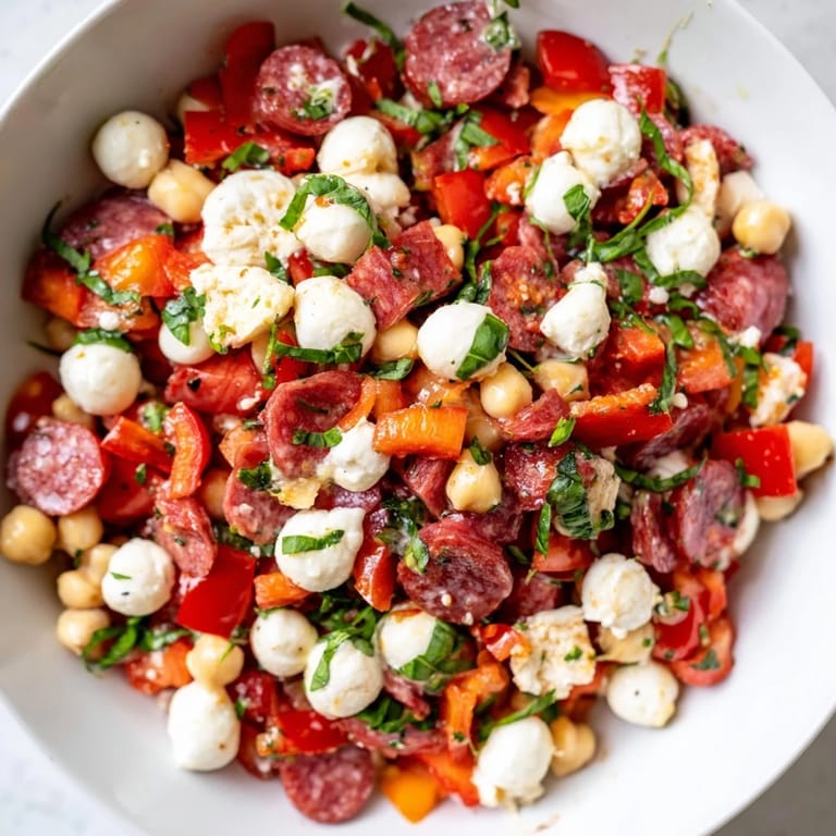 Serving suggestion for Crunchy Antipasto Chopped Salad, featuring crisp cucumber and bell peppers, perfect with crusty bread.  