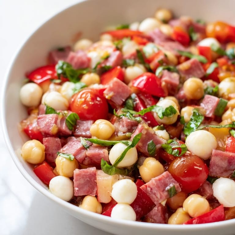 Close-up of Crunchy Antipasto Chopped Salad showing mozzarella pearls and salami cubes, ready to serve as a light appetizer.