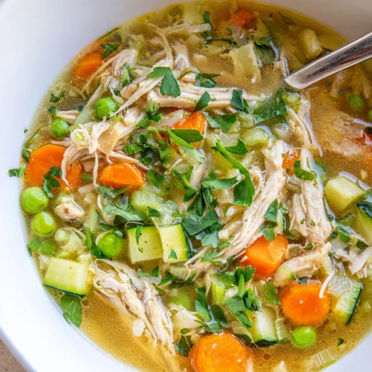 Spring Garden Chicken Soup garnished with fresh herbs, served hot beside a slice of crusty bread for dipping.
