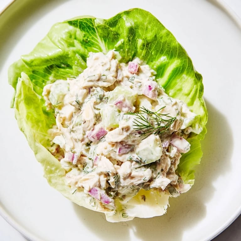 Chilled Dill Pickle Chicken Salad Lettuce Cups ready to eat, featuring crunchy celery and a zesty dill pickle dressing.