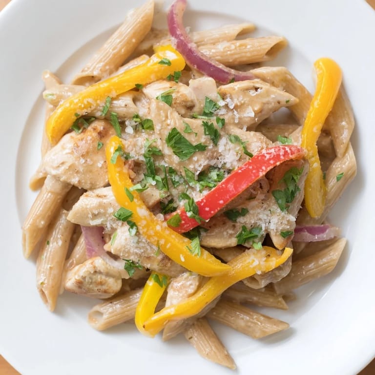 Steam rises from a skillet of Creamy Cajun Chicken Pasta Lite featuring penne, peppers, and rich sauce.