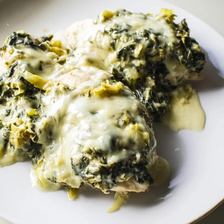 Fork cutting into juicy Spinach & Artichoke Chicken Bake, revealing a rich, tangy Greek yogurt and spinach layer.