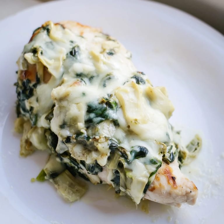 Close-up of Spinach & Artichoke Chicken Bake served with rice and a fresh green salad on a rustic table.