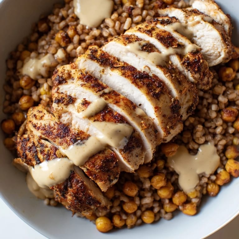 Fresh baby greens, cherry tomatoes, and cucumber add color to this hearty Lemon Tahini Chicken Power Bowl.  