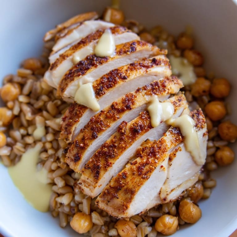Juicy sliced chicken rests on a bed of farro and veggies, drenched in a zesty lemon-tahini dressing.
