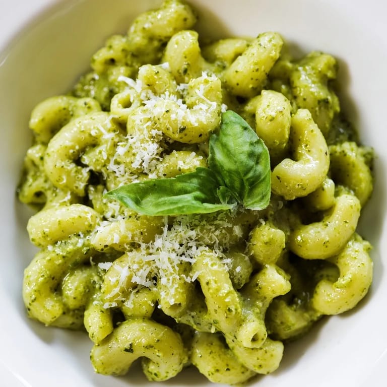 Savory creamy avocado pesto mac is served warm, topped with grated Parmesan and cracked pepper for a comforting vegetarian dinner.