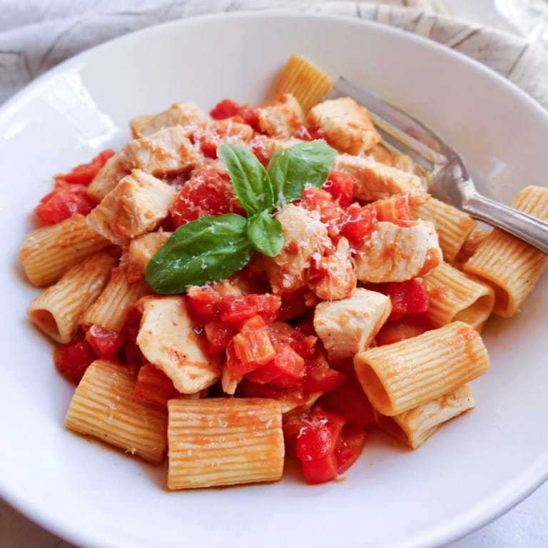 Freshly chopped basil and a sprinkle of Parmesan cheese finish this hearty tomato basil chicken pasta, paired with a crisp green salad on the side.
