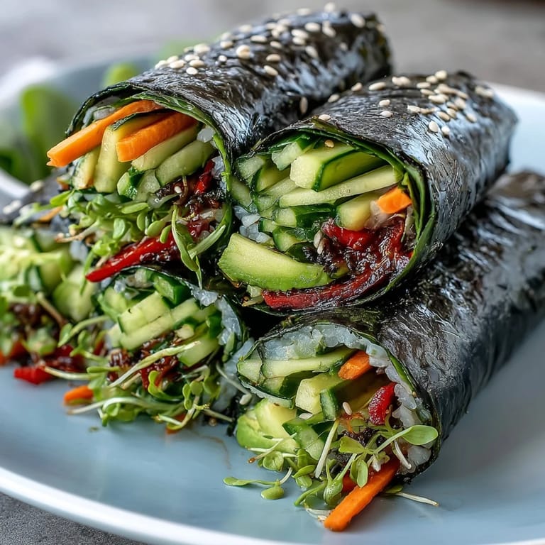 Hand-rolled Nori Rolls featuring fresh cucumbers, avocado, and crunchy sprouts.