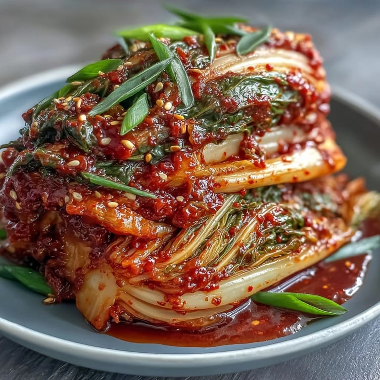 Vibrant, spicy kimchi served in a small bowl next to steamed rice and grilled meat for a complete meal.