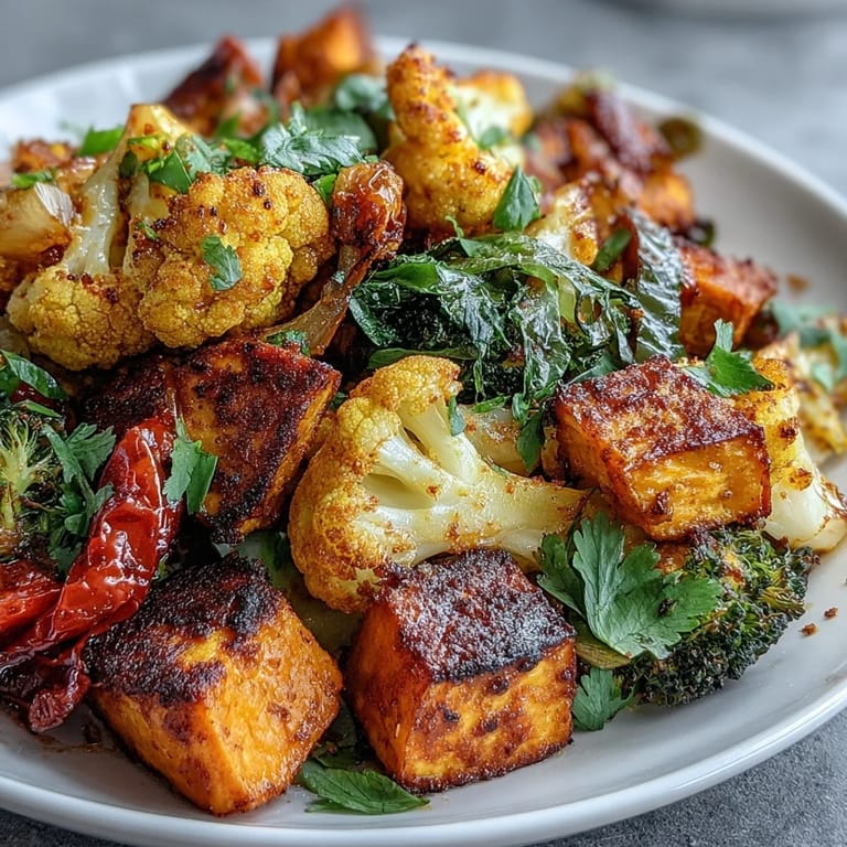 A close-up of anti-inflammatory turmeric roasted vegetables, showcasing caramelized edges and fresh herbs.
