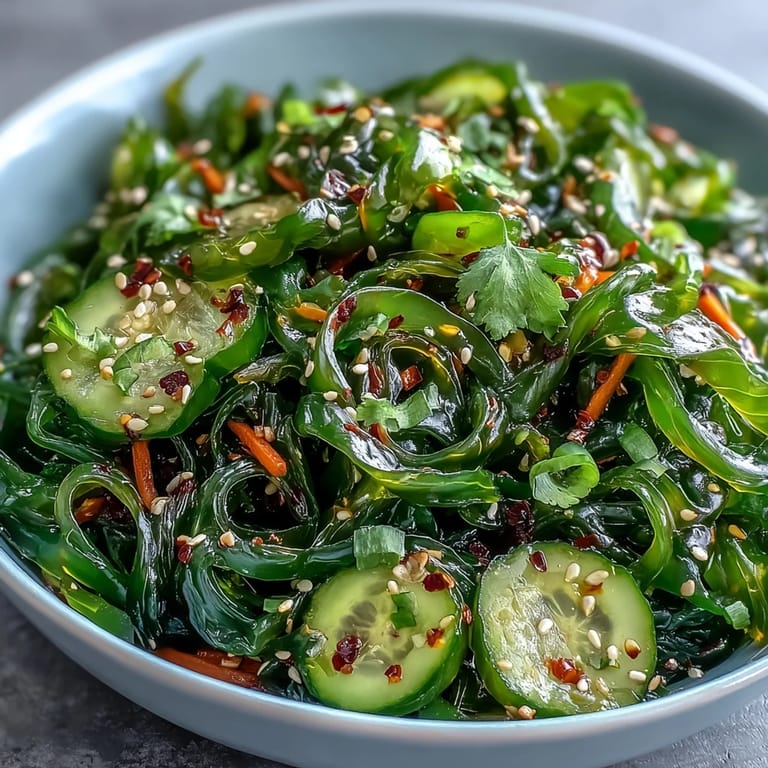 A refreshing Japanese-style seaweed salad features rehydrated wakame tossed in tangy sesame-ginger dressing.  