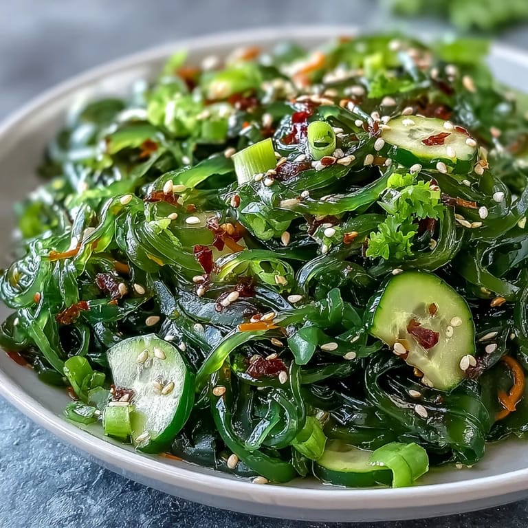 Close-up of a nutrient-dense seaweed salad garnished with cilantro, sesame seeds, and optional chili flakes for color.