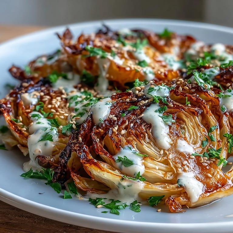 Roasted cabbage steaks with tahini are served warm, garnished with toasted sesame seeds and bright lemon wedges for squeezing.  