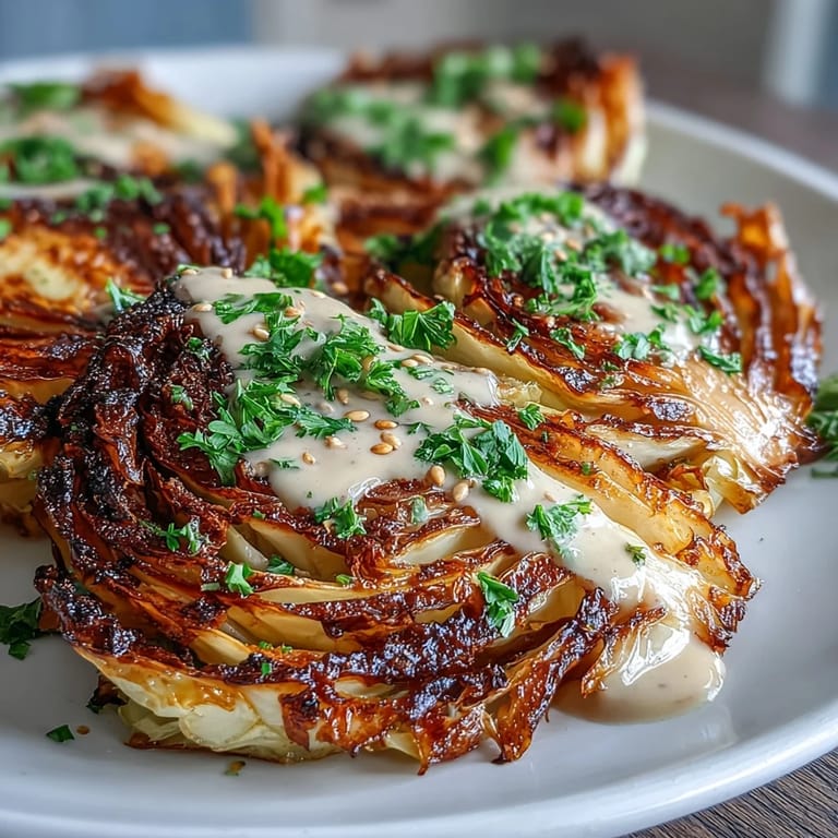 A close-up of roasted cabbage steaks shows caramelized edges and a velvety tahini drizzle, perfect for a plant-based side dish.