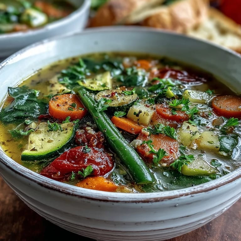 Hearty Italian Herb Vegetable Soup served with crusty bread and a sprinkle of parmesan on top.