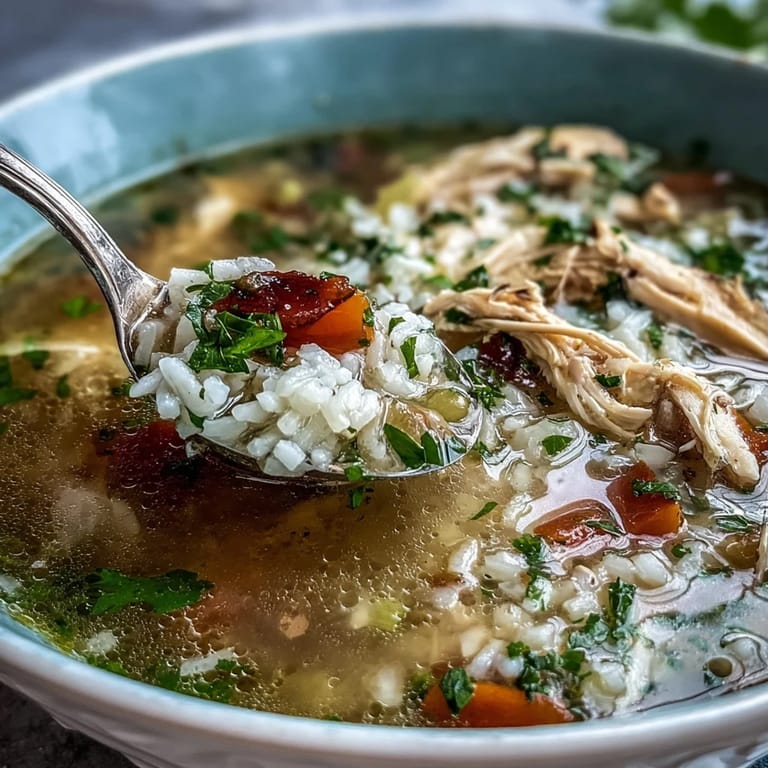 Comforting pot of Cozy Winter Chicken and Rice Soup ready to serve, paired with crusty artisan bread on a wooden table.